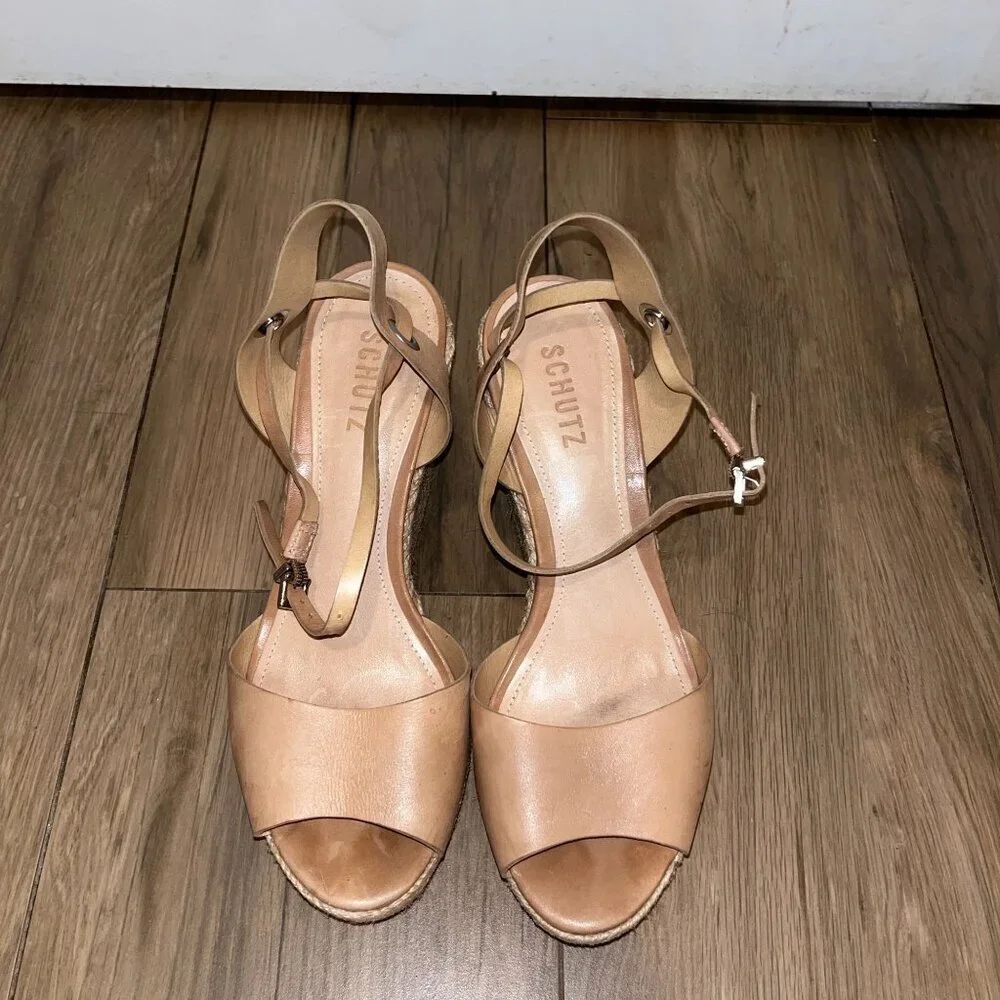 Schutz Tan Leather Espadrille Wedge Sandals With Ankle Strap size 9 Womens